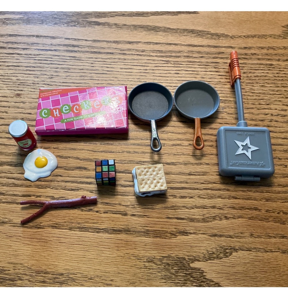 American Girl Doll Accessory Lot Checkers Game Skillets Pie Iron Smores Food